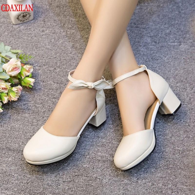 

Dress Shoes CDAXILAN TO Sandals Women PU Leather Round Toe Mid-opening Butterfy-knot Buckle Strap Mid-heel Ladies Summer, Beige