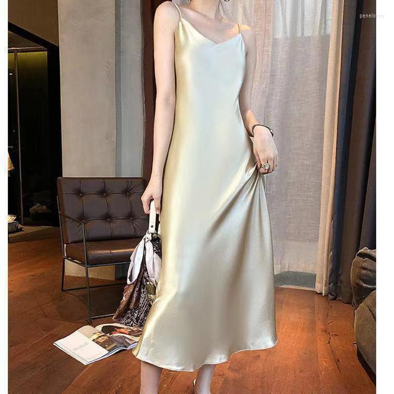 

Casual Dresses Satin Long Dress Women Summer Solid Color 2023 Sexy Sleeveless High Waist Suspender Clothing Elegant Office
