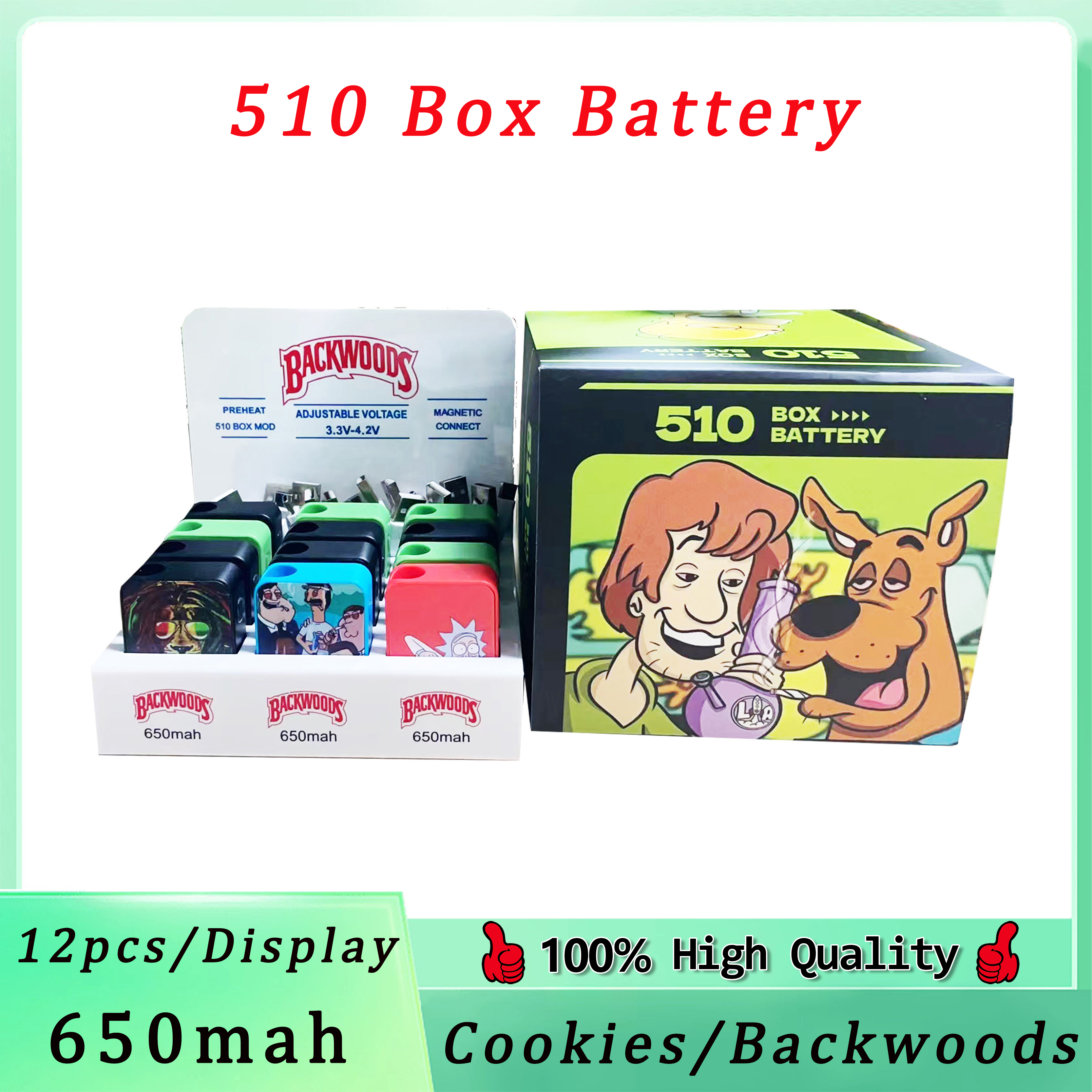 

Cookies Backwoods 510 Box Mod USB Battery 650 Mah Variable Voltage Preheat Disposable Vapes Pen Vaporizer For 510 thread Thick Oil Cartridge Tank 12 Pcs In One Display