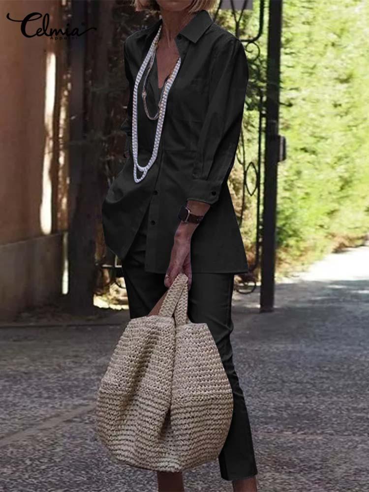 

Women' Two Piece Pants Celmia Casual Solid Suits 2023 Vintage 2 PCS Sets Women 3/4 Sleeve Buttons Lapel Elegant Office Tunic Shirts Pocket, Beige