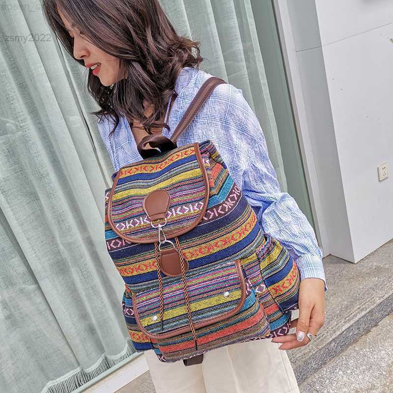 

Women's Bags 2022 New Ethnic Styles Striped Canvas Double Shoulders Large Capacity Backpacks Designer Bag Retro Female Bag