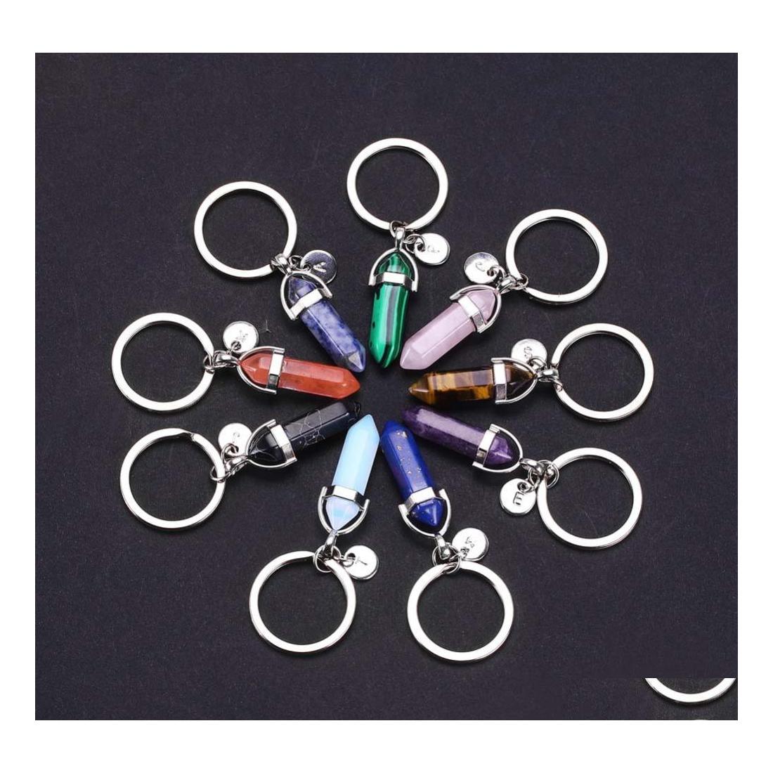 

Key Rings 26 Letters Mticolor Natural Stone Hexagon Prism Ring Summer Fashion Crystal Quartz Sier Color Keychain For Women Men Round Dhpij