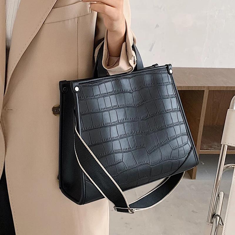 

Evening Bags Stone Pattern PU Leather Women Handbag Large Capacity Wide Strap Female Shoulder Bag 2023 Brand Designer Ladies Hand, Black