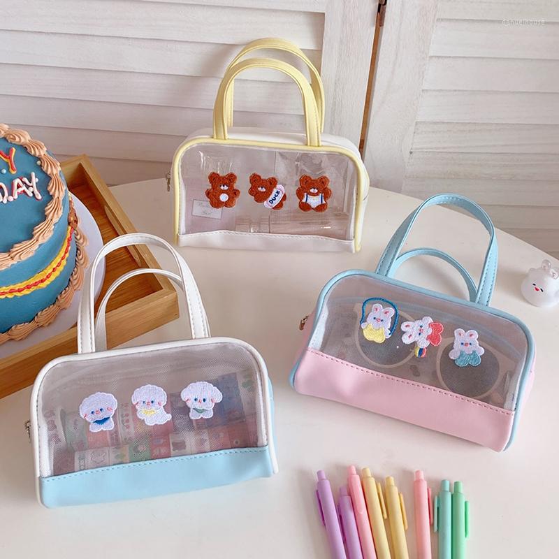 

Cosmetic Bags Kawaii Mesh Transparent Bag Cute Bear Travel Wash Beauty Storage Case Girls Pencils Pouch Stationery WY153