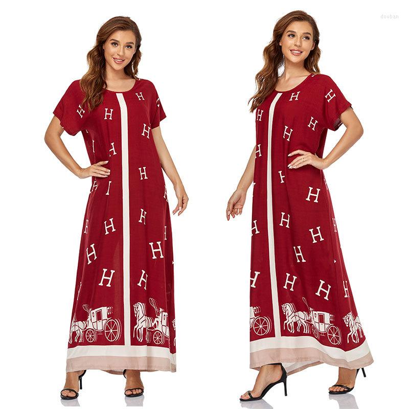 

Ethnic Clothing Muslims Women Dress Short Sleeve Print Big Swing Arab Dubai Long Robe Vestido Turkey Hijab Abayas Islamic