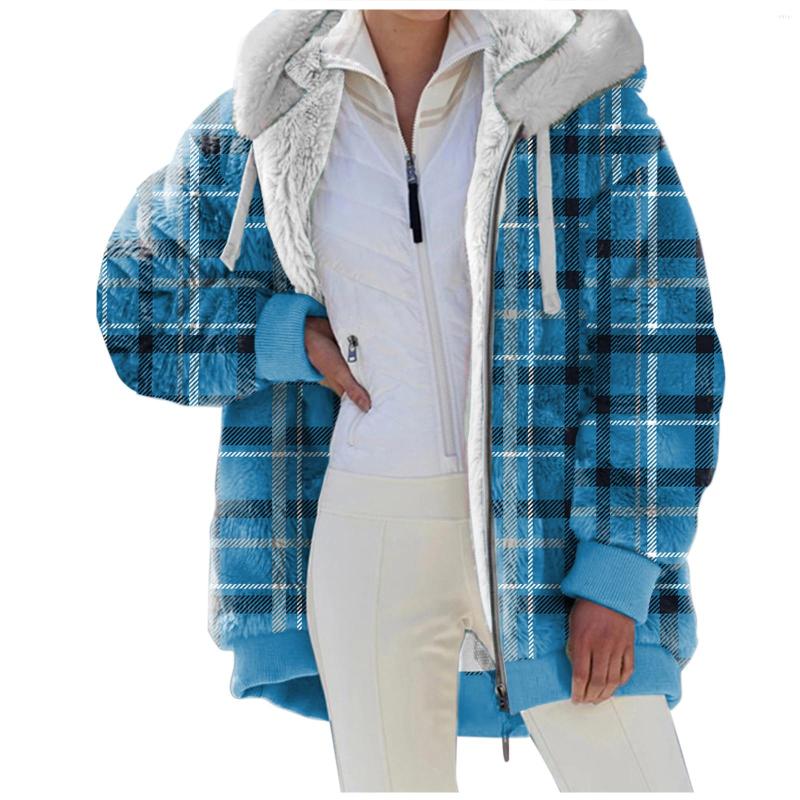 

Women' Jackets Winter For Women Retro Plaid Print Plush Zipper Pocket Hoodie Jacket Fleece Warm Long Sleeve Coats Veste Femme, Blue