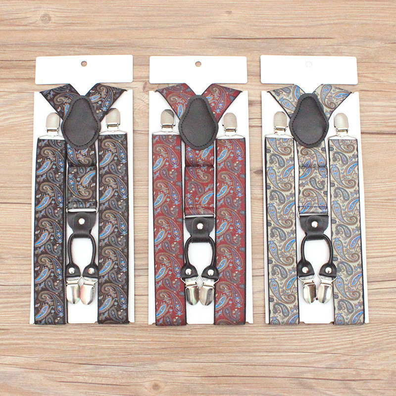 

Suspenders Fashion Unisex 4 Clip Real Leather Elasticity Cashew Nuts Scottish Lattice Camouflage Stripe Polyester Men Women Gift 230217