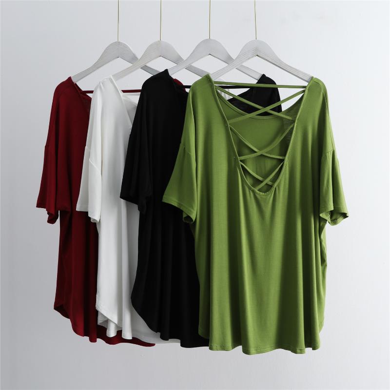 

Women's T Shirts Sexy Backless Modal Women T-Shirts Loose Green Off Shoulder Female Pulls Outwear Tops TeesWomen's