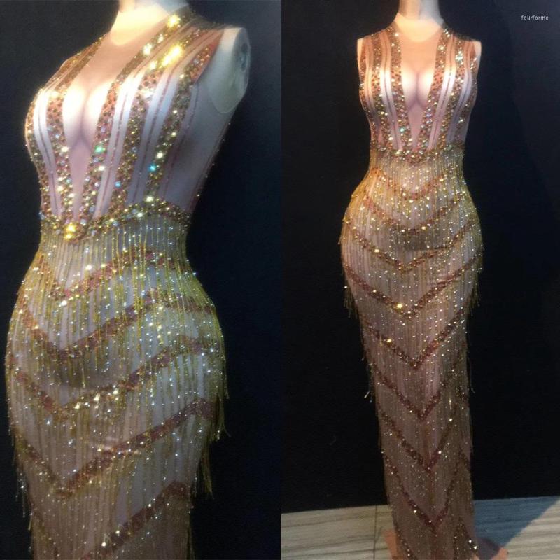 

Stage Wear Sparkly Gold Crystals Sleeveless Women Dresses Evening Prom Celebrity Party Diamonds Long Nightclub Costumes