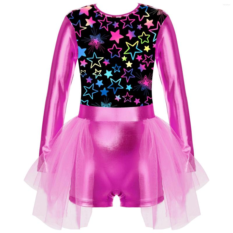 

Stage Wear Children Girls Ballet Tutu Skating Dance Gymnastics Leotard Dress Long Sleeve Print Bronzing Cloth Performance Dancewear, Hot pink