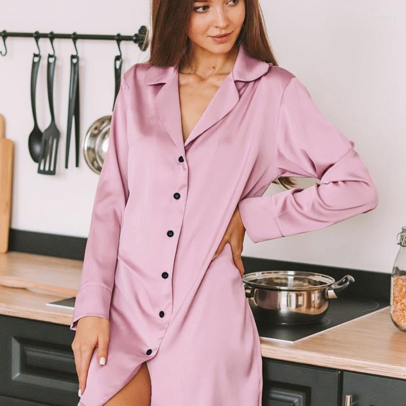 

Women' Sleepwear Long Sleeve Sexy Sleep Tops Silk Robes Women Satin Bathrobe Thin Pink Casual Turndown Collar Pajamas