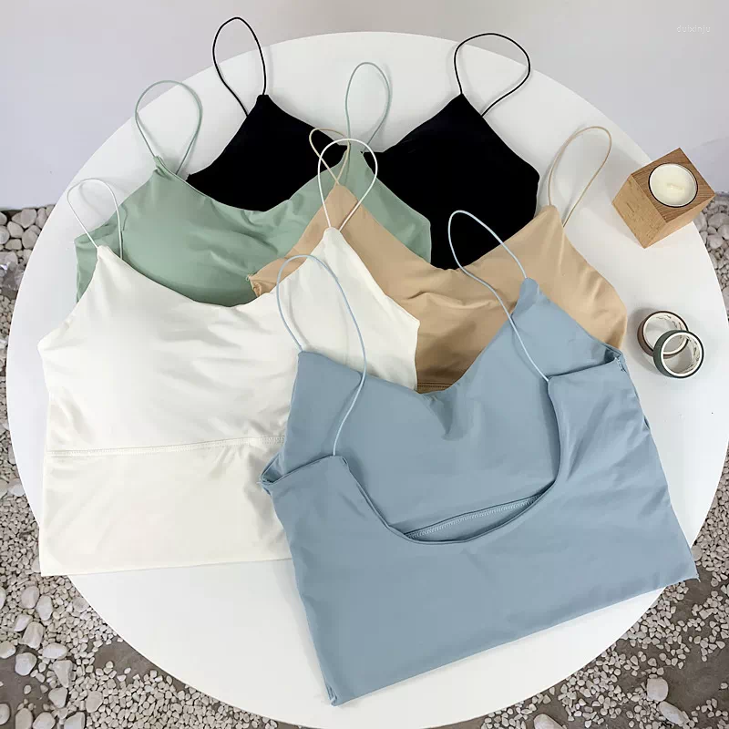 

Camisoles & Tanks Summer Bra 2023 Women Ice Silk Crop Top Seamless Tube Underwear Korean Fashion Solid Padded Bralette Vest, Coffee 2