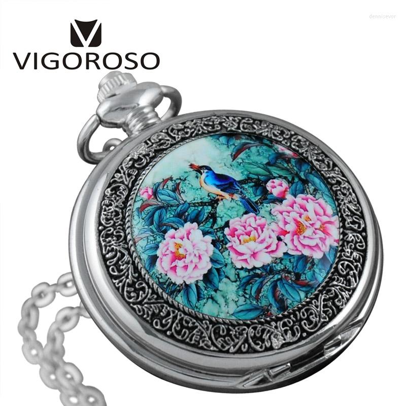 

Pocket Watches 2023 Top Brand Women Quartz Watch Unique Flowers And Birds Necklace Pendant Long Chain Round Clock, Picture shown
