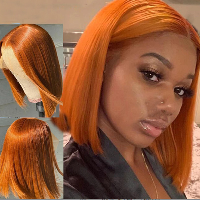 

Brazilian 13X4 Lace Front Bob Wig 150% Orange Colored Short Bob 350# 180% 210% Density Silky Straight 12-16inch, #350