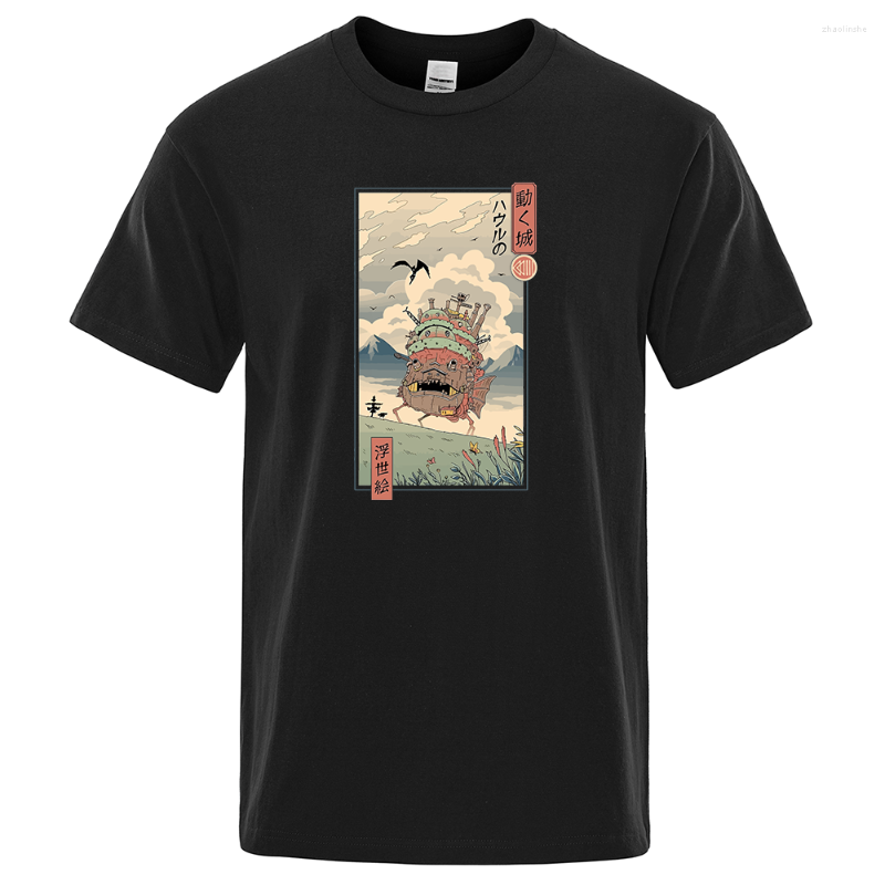 

Men' T Shirts Ukiyo-E Style Moving City Mount Fuji Clothing Men Creativity Cotton Tops Breathable Casual Summer Loose Tees, Black