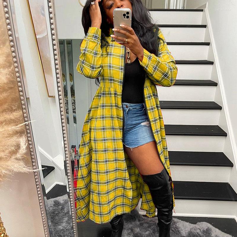 

Women' Blouses Women Plaid Shirt Female Checked Coat Casual Button Turn-down Collar Long Sleeve Blouse Korean Fashion Loose Outwear Tops, Blue