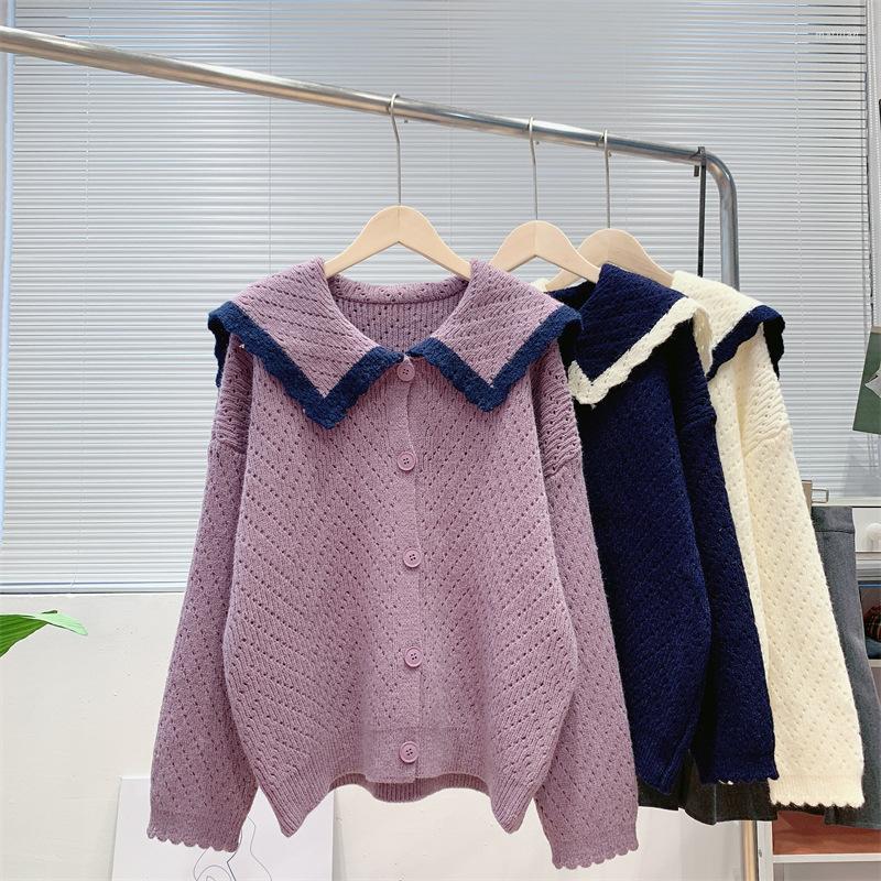 

Women's Sweaters 2023 Early Spring And Autunn Women's Doll Collar Sweet Style Hook Flower Sweater Coat Versatile Loose Knitted Cardigan, Black