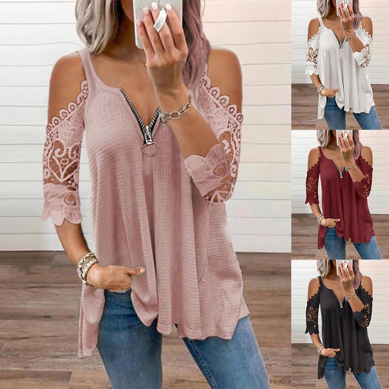 

Women' T Shirts Summer Elegant Hollow Out Shirt Women Sexy Lace Half Sleeve Zipper Casual V Neck Loose Sling Pullover Tops, Black