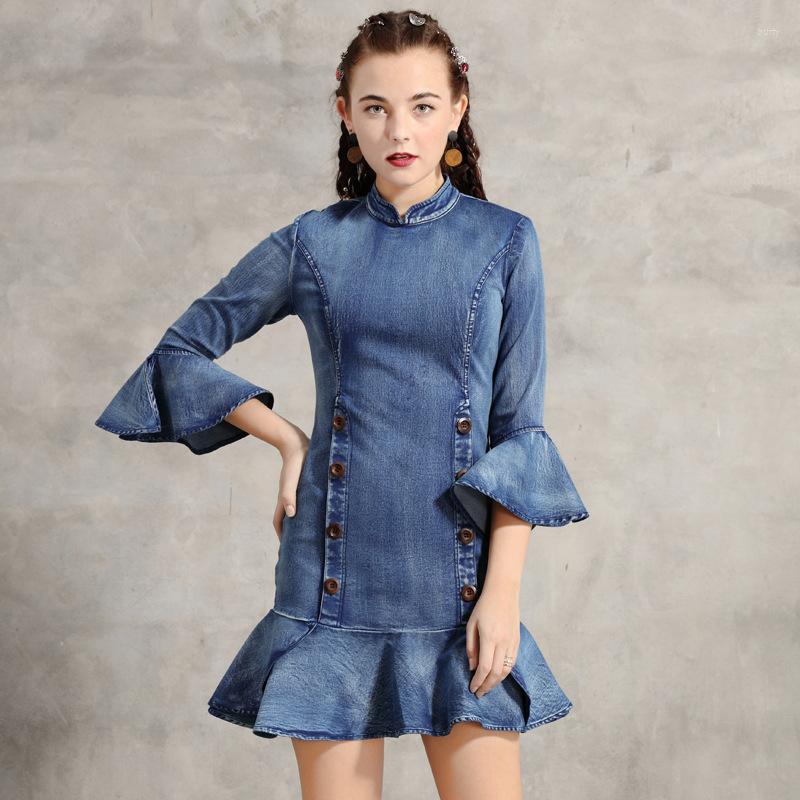

Ethnic Clothing Johnature Leisure Denim Dress Women Clothes 2023 Autumn Butterfly Sleeve Vintage Ruffles Stand Collar Sheath Dresses
