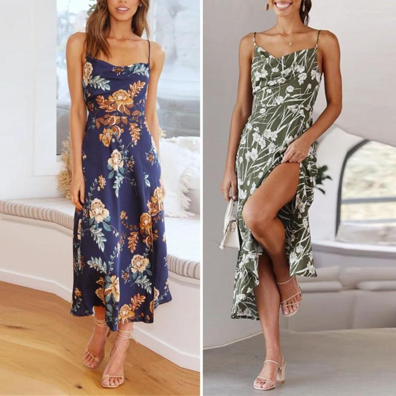 

Casual Dresses Evening Dress Split Hem Pleated Dressing Up Colorful Flower Print Sling Midi Daily Clothing, Blue