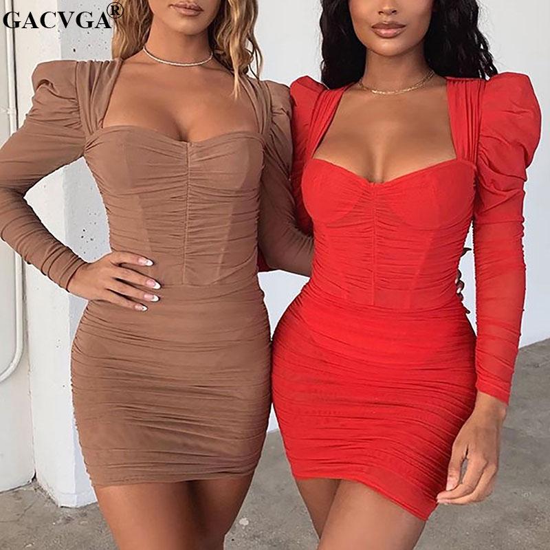 

Casual Dresses GACVGA Sexy Bodycon Ruched Mesh Women Puff Long Sleeve Square Neck Red Mini Dress Ladies Party Club Elegant Vestidos