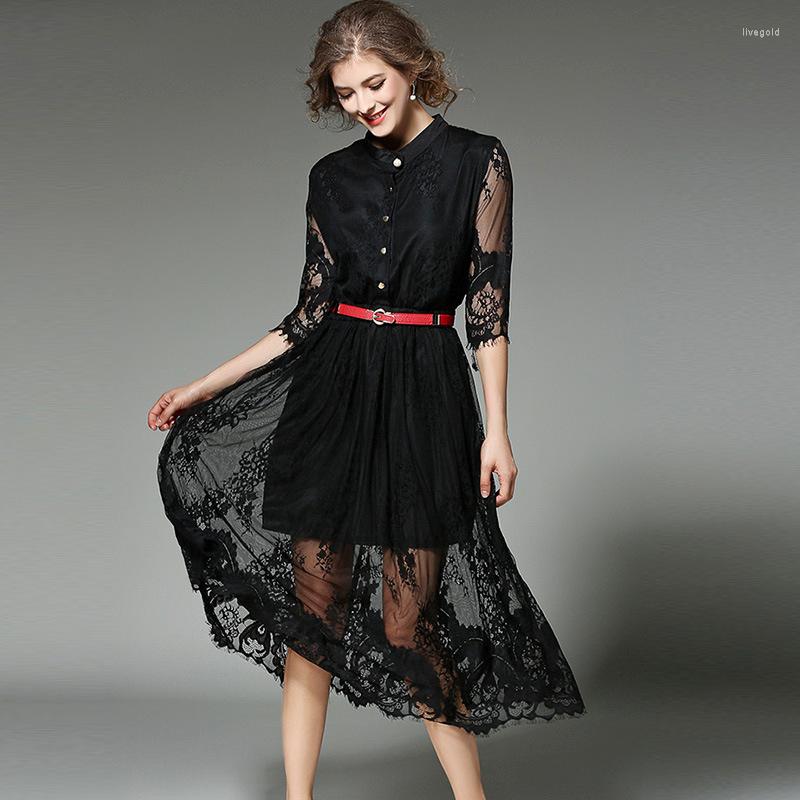 

Party Dresses 2023 Spring Women' High Quality Half Sleeve Stand Collar Single Breasted Striped Lace Belted Europe America Dress, Black