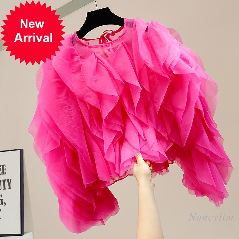 

Women's Blouses & Shirts Sweet Multi-Layer Puffy Ruffled Stitching Tied Short Chiffon For Women Sexy Tops Girls Ladies Streetwear Blusas, Yellow