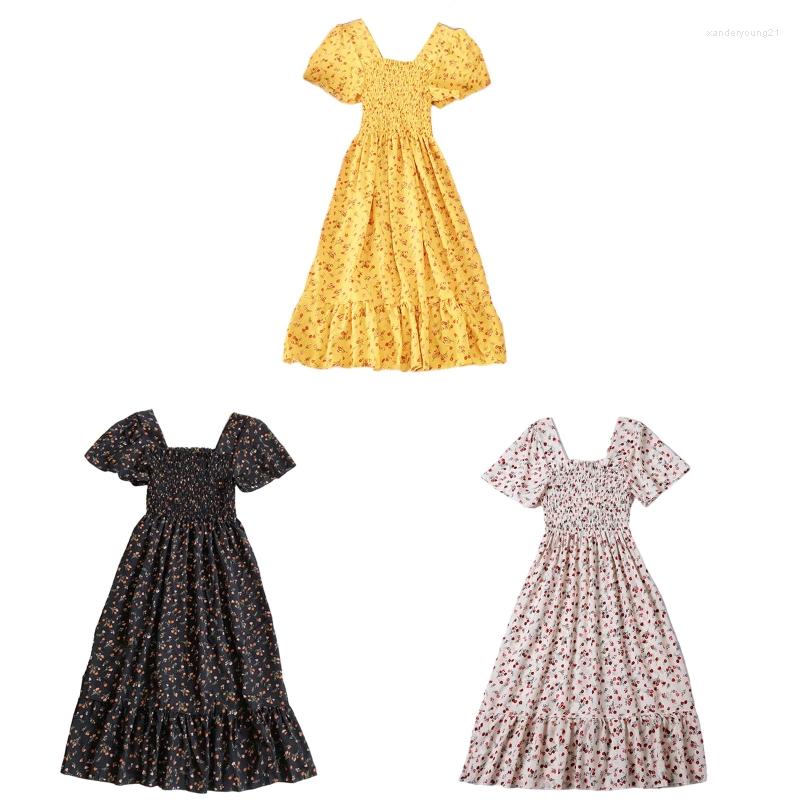 

Party Dresses Women Flare Short Sleeve Square Neck Smocked Shirred Midi Long Swing Dress French Floral Print A-Line Chiffon Sundress, White