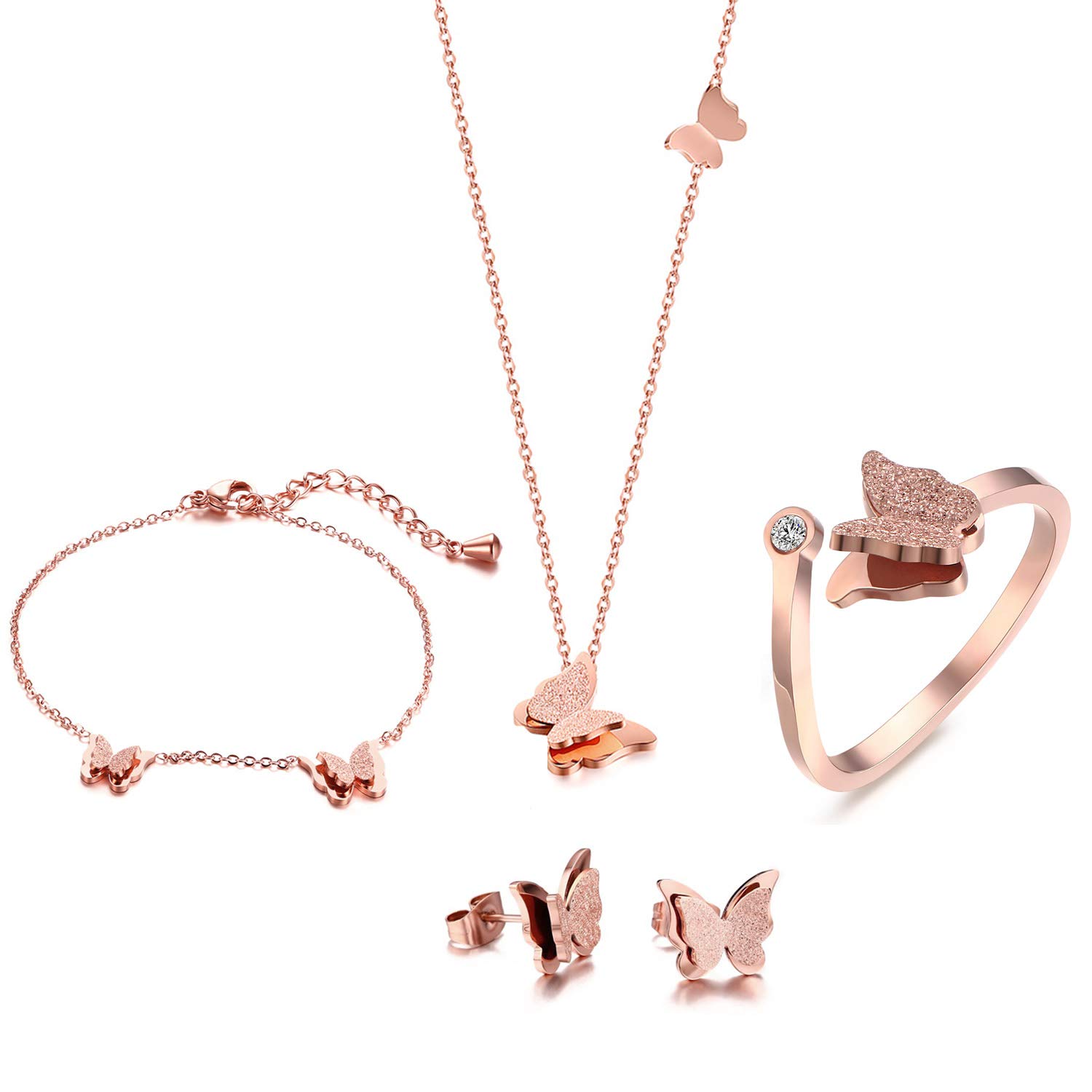 

Womens Stainless Steel Necklace Set Rose Gold Cubic Zirconia Butterfly Matte Finish Adjustable Cuff Engagement Ring/Neckalce/Bracelet/Earrings,Jewelry Set