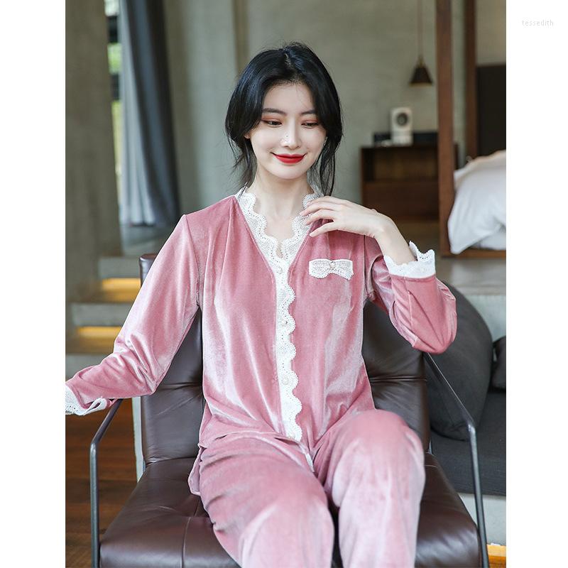 

Women's Sleepwear Female Pink Velour Pajamas Sets 2PCS Lace Trim Pyjamas Suit Pearl Button Nightwear Lounge Underwear Bride Home Clothes, Red