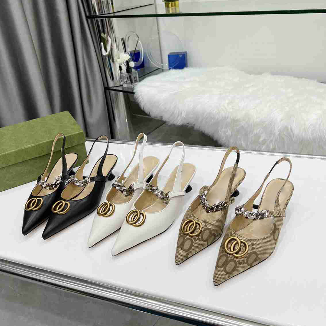 

Sandals New women metal chain pointed mid heel fine heel Sandals Slippers back trip strap spring summer sheet double metal luxury leather fashion size 35-41