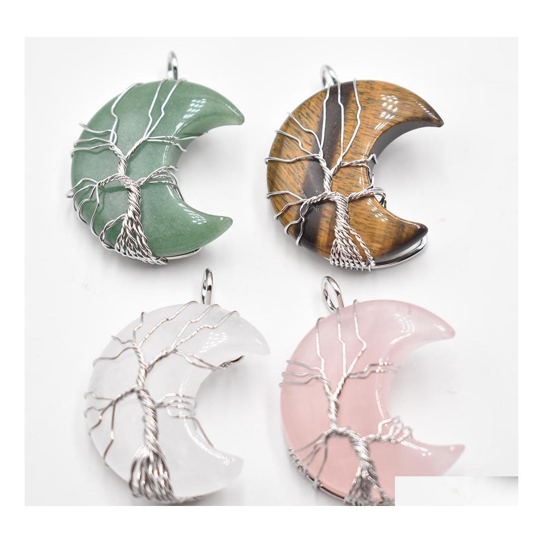 

Charms Natural Crystal Pendant Tree Of Life Moon Shape Reiki Polished Mineral Jewelry Healing Stone For Men Women Gift Drop Delivery Dhaf6
