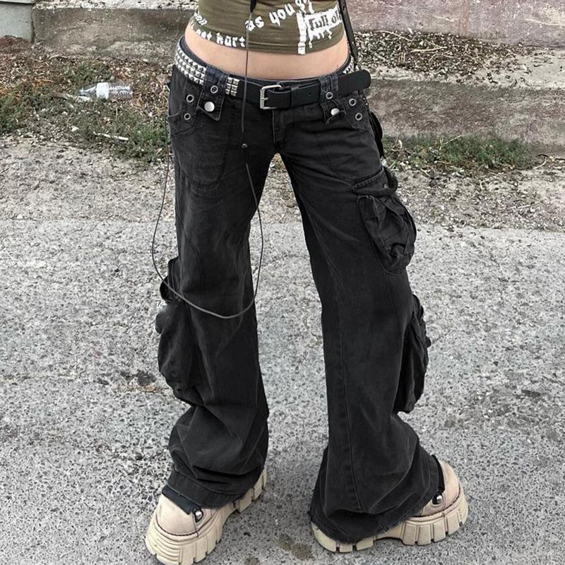 

Women' Pants Doury Goth Grunge Y2K 2000s Women Low Waist Straight Trousers E Girl Korean Fashion Punk Style Cargo Pant With Pockets, Black