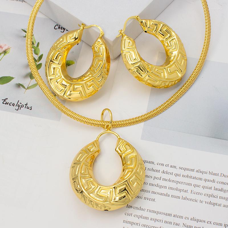 

Necklace Earrings Set Fashion Jewelry Geometric Hoop And Pendant For Women African Dubai Bridal Golden Sets Wedding, Picture shown