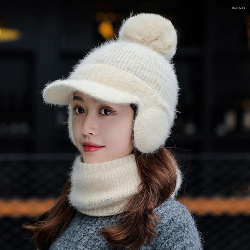 

Berets Universal Ladies Hat Neck Warmer Faux Fur Cold Resistant Solid Color Windproof Winter Women Knitted Cap Scarf Kit, White