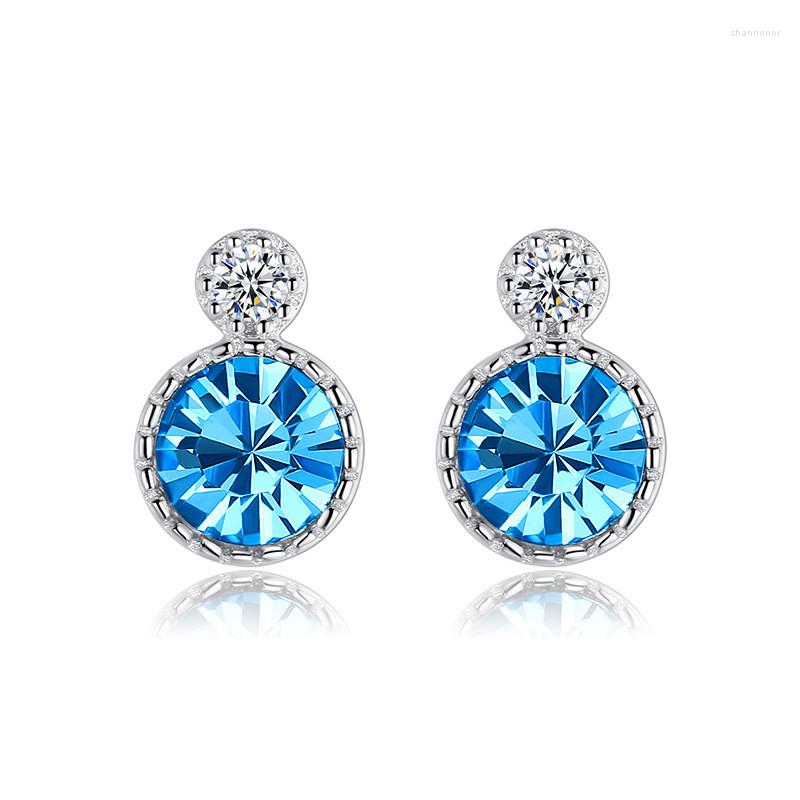 

Stud Earrings Dainty Female Aqua Blue Sterling Silver Small Charm Round Crystal Wedding For Wome