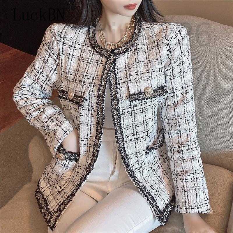 

designer Woman Jacket Vintage Plaid Long Sleeve O-neck Open Stitch Runway Designer Tweed Cardigans Fashion Coat Ropa Para Mujer 0PRM, White
