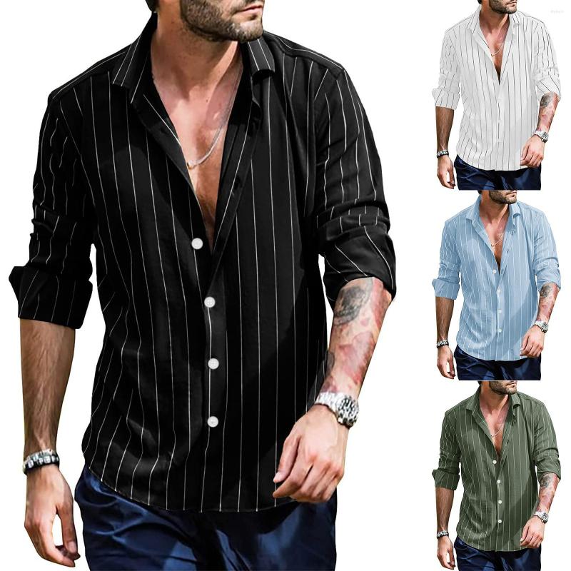 

Men's T Shirts Men Spring Summer Tops Shirt Striped Lapel Collar Casual Loose Long Sleeved Blouse Fashion Tunics European American Style, Green
