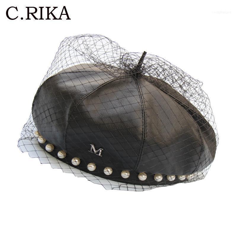 

Berets Autumn Winter Pearl Lace Caps For Women PU Leather Beret Hat Female Girls Outdoor Fashion Elegant French Hat1, Black