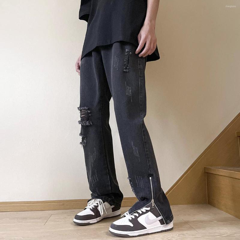 

Men's Jeans Zipper Slit Ripped Black Men's Fashion Trend Korean Hole Straight High Street Hip-hop Denim Trousers Y2K Pants Streetwear