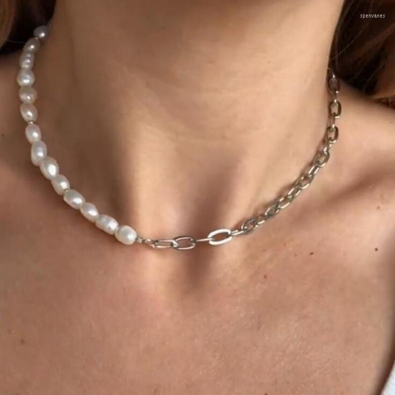 

Chains Vintage Simulated Pearl Stitching Clavicle Chain Necklaces For Women Ladies Asymmetric Silver Color Necklace Jewelry