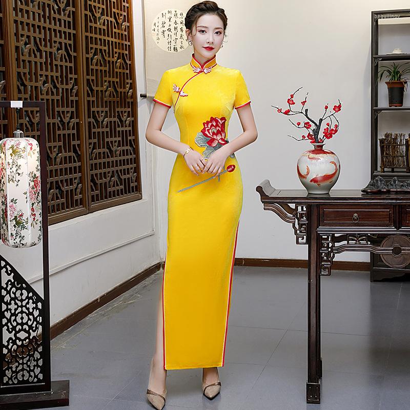 

Ethnic Clothing Plus Size 5XL Chinese Traditional Women Velour Print Flower Qipao Vintage Cheongsam Novelty Formal Dress