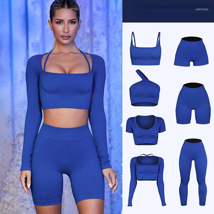 

Active Sets 7pcs Women Yoga Set Workout Sportswear Gym Clothing Fitness Long Sleeve Crop Top High Waist Leggings Sports Suits, Black-shorts