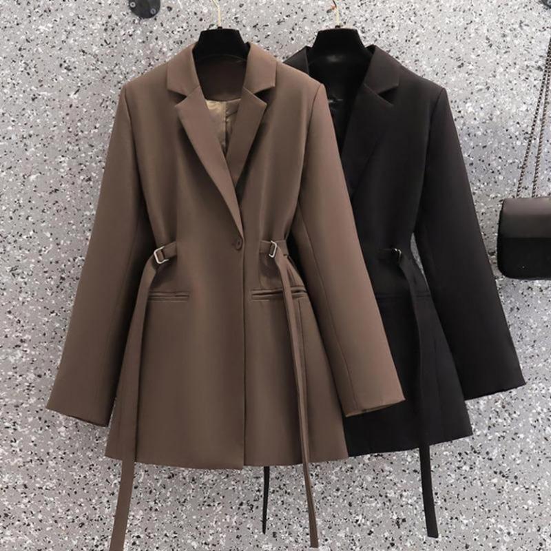

Women's Jackets Women Blazer Solid Color Lapel Long Sleeves Coat Waist Elegant Single Button Autumn Thermal Turn-down Collar Lady, Black