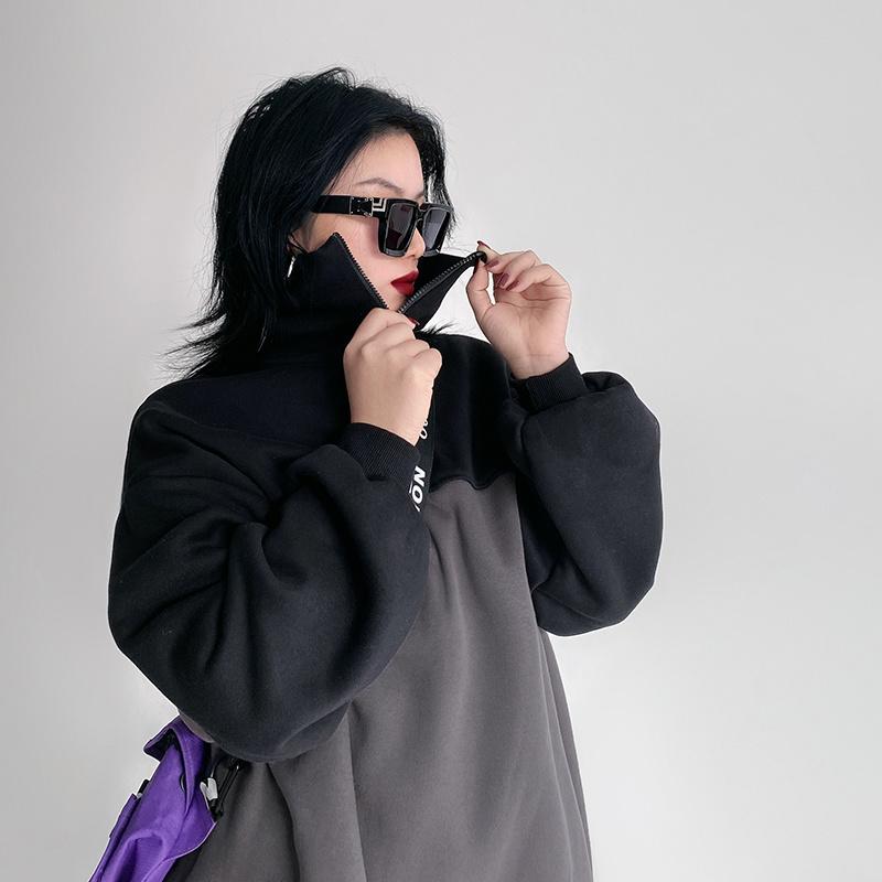 

Women's Hoodies & Sweatshirts Stand Collar Half Zip Brushed Hoody 2023 Winter Loose High Pullover Trendy Contrast Color Coat Rac, Beige gray stitching