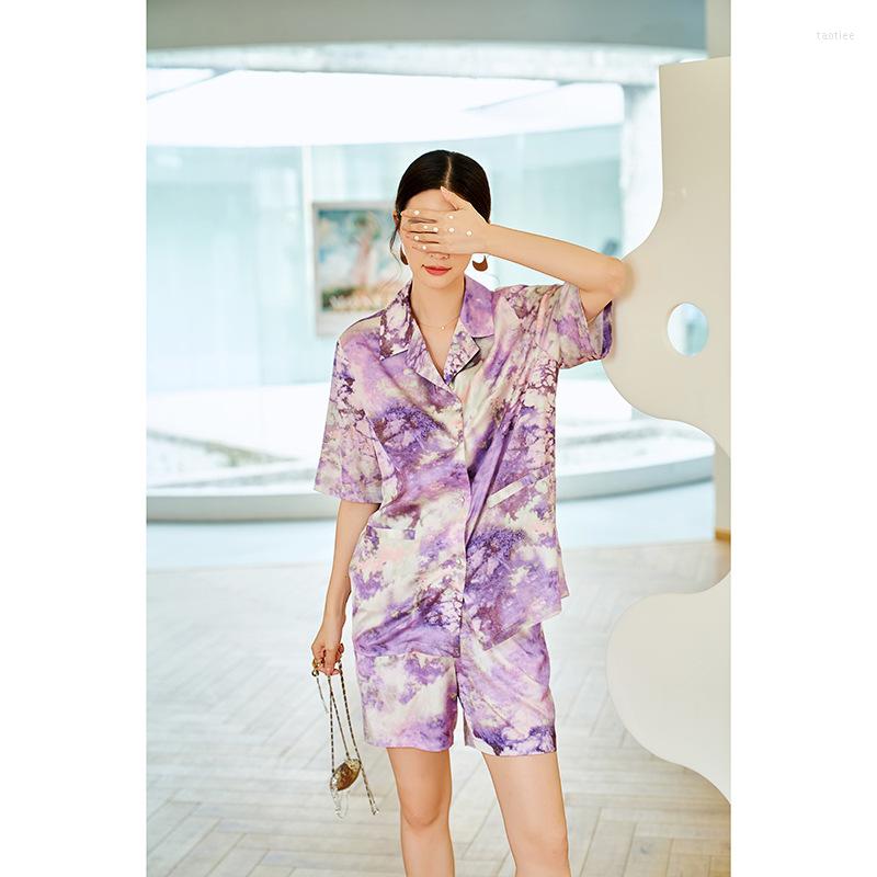 

Women's Sleepwear Blooming Print Women Purple Pajamas Sets 2PCS Faux Silk Loungewear Pyjamas Suit Shorts Summer Underwear Home Nightwear
