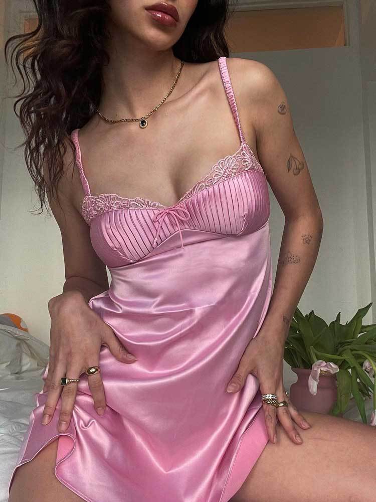 

Casual Dresses Boho Inspired pink satin slip dress women pinktuck details mini sexy hollow out back chic ladies summer party 230217