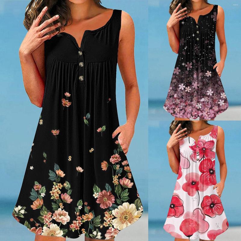 

Casual Dresses Women Fashion Print Sleeveless Loose V Neck Button Up Pleated Dress Holiday Beach, Black