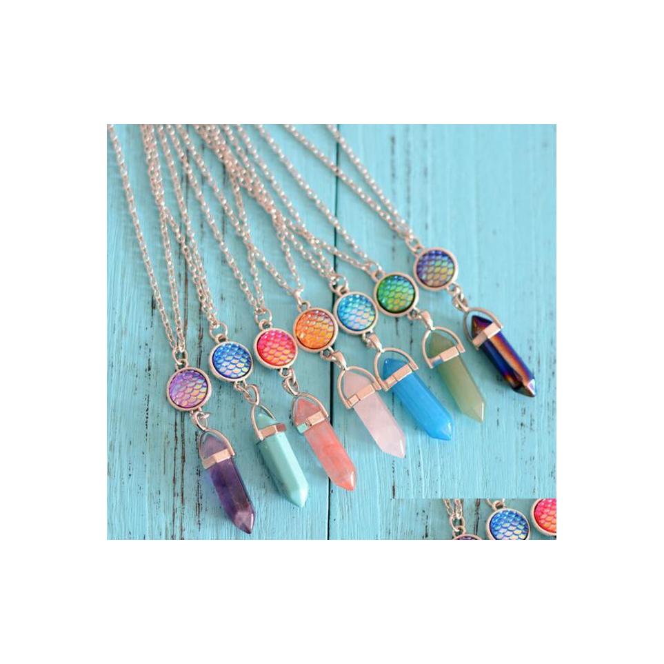 

Pendant Necklaces Hexagonal Crystal Pink Purple Quartz Natural Stone Chakra Fish Scale Druzy Drusy Necklace With 50Cm Stainless Stee Dhdhx