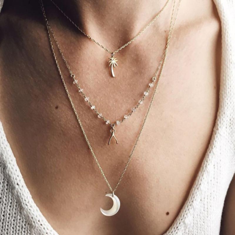 

Pendant Necklaces Gold Color Choker Necklace For Women 3 Layers Bone Tree Moon Chain & Pendants Velvet Chokers Fashion Jewelry